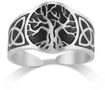 Dreamtimes Yggdrasil Arbre de Vie Bague Homme Femme Bague Vintage Réglable Anneau En Acier Inoxydable Viking Noeud Celtique (Noir-argent)