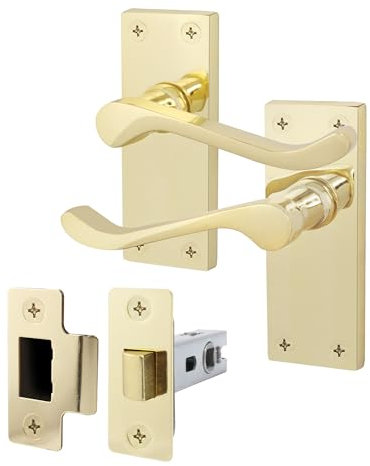 EAI Polished Brass Victorian Scroll Door Handle Latch Set | 1 Pair of Brass Internal Lever Handles on Backplate & Latch (66mm)