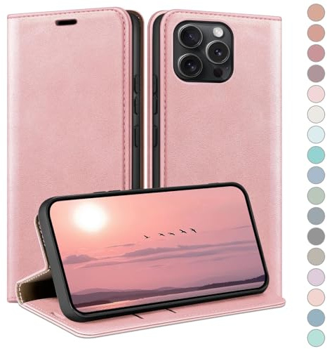 HUOUH für iPhone 15 Pro Max 6.7 Hülle mit RFID Schutzhülle aus Lederhülle Handyhülle,Kartenfach Leder ständer Handy hülle,360 Grad Schutz Cover für Apple 15 Pro Max Klapphülle Wallet Case Roségold