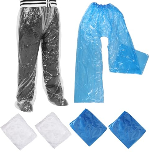 Styquenzer 4 pantaloni antipioggia usa e getta, in plastica trasparente, con copriscarpe, per adulti, per uomini e donne, per attività all'aperto (blu + bianco), Blu, Taglia unica