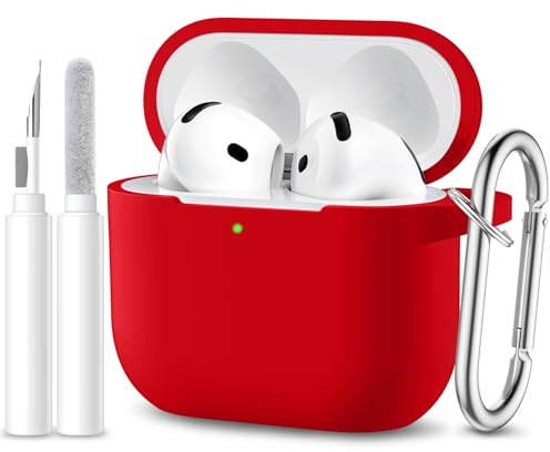Maledan Cover Compatibile con AirPods 4 2024 Custodia, Case Protettiva Antiurto in Silicone Morbido per Apple AirPods 4 Generazione Custodia con Kit di Pulizia e Moschettone [LED visibile], Rosso