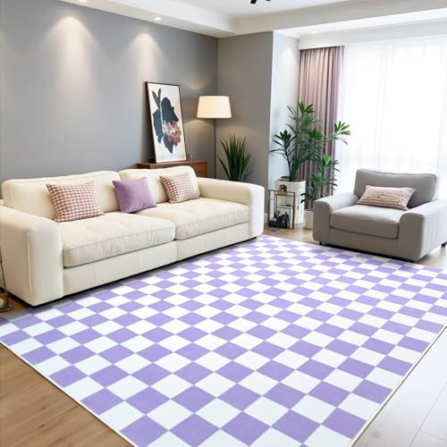Terrug Purple and White Checkered Rug for Bedroom,4x6 Area Rugs Washable with Non Slip for Living Room,Soft Low Pile Stain Resistance Retro Carpet for Dorm Kids Room