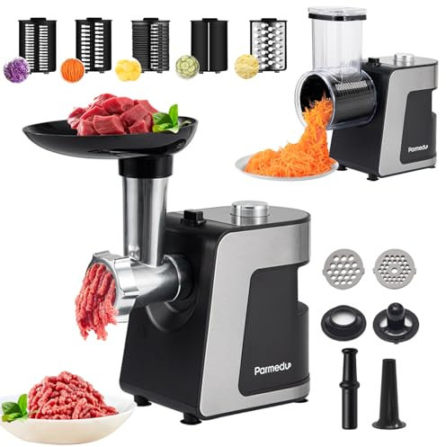Parmedu Picadora de Carne Eléctrica & Cortadora de Verduras & Rallador de Queso, Máquina Multifuncional para Ensaladas Máquina Rellenadora de Salchichas Kibbeh Maker (12 Accesorios)