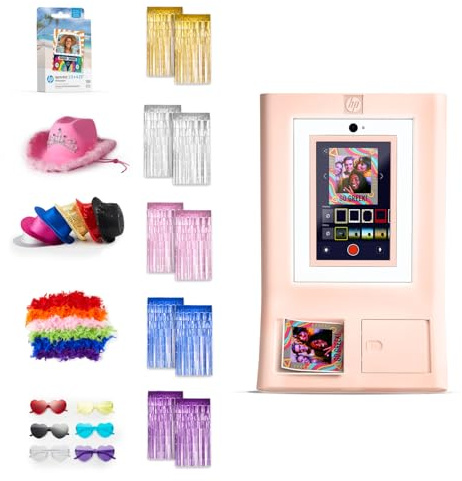HP Sprocket Photo Booth Machine Instant Color Photo Printer (Pink) + Zink Paper (100 Sheets)+ Fedora (6)+ Glasses (6)+ Boas (6) & more