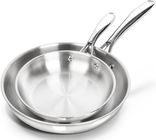 MICHELANGELO Stainless Steel Frying Pan Set, 20cm, 26cm Steel Pan Set with Triply Base, Stainless Steel Skillet with Ergonomic Handle, Induction Compatible
