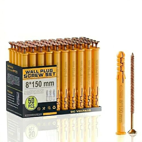 50 Pcs Screws And Yellow Wall Plugs Set, Anchor Bolts Assorted,Heavy Duty Rawlplug Mixed Sizes Assortment (8mm*150mm) Fasteners For Brick,Masonry,Plasterboard Fixings,Tv Bracket,Plaster
