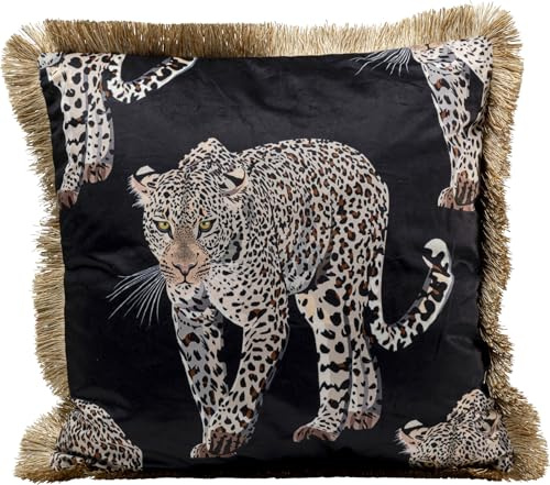 Kare Design Kissen Leopard, Schwarz, mit Fransen, Samtoptik, Zierkissen mit Füllung, Dekokissen mit Reißverschluss, Sofakissen, 45x45cm (L/B)