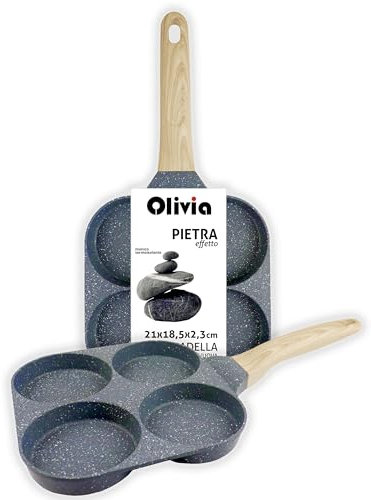 IPEA Padella Pancake Antiaderente per Induzione e Gas - 21 cm - Padella Anti Aderente in Alluminio Per Frittata, Crepes, Uova, Hamburger - Padella da Cucina con 4 Stampi - Manico Super Comfort