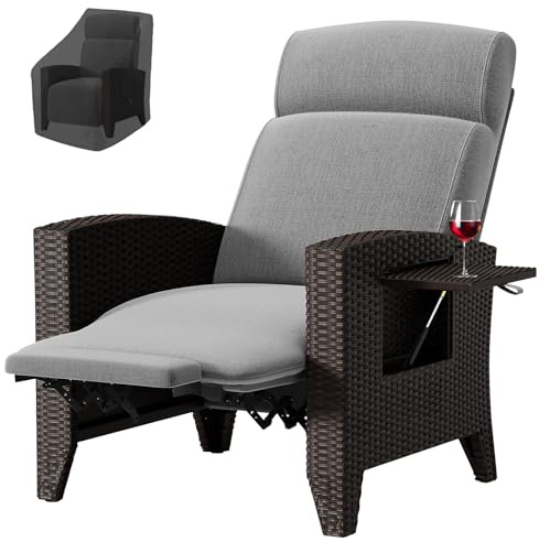 CYHWQ Gartensessel Rattan, Loungesessel Outdoor, Winkel Verstellbar 160°, Integrierter Beistelltisch, Rattansessel mit Abnehmbaren Kissen, Geeignet füR Garten, Pool, Balkon