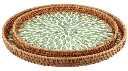SINJEUN 2 Size Round Rattan Serving Tray, Wicker Rattan Basket with Mother of Pearl Inlay, Decorative Wicker Tray for Bread Coffee Breakfast, Storage and Display, 30cm 34cm