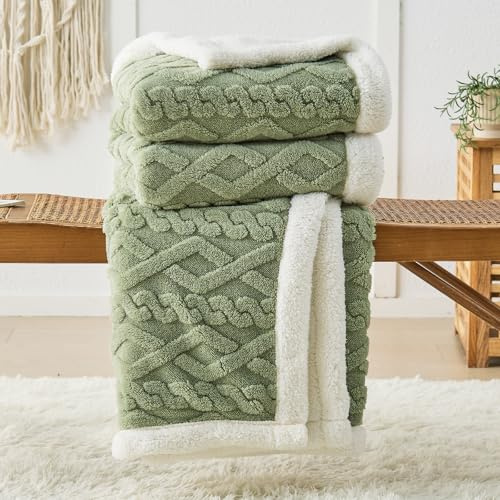DECMAY Kuscheldecke Flauschig 200x230 Kuscheldecke Decke Sofa Strickdecke, Wohndecken Sofadecke Doppelgesicht Extra Weich, Wolldecken für Couch, Grün