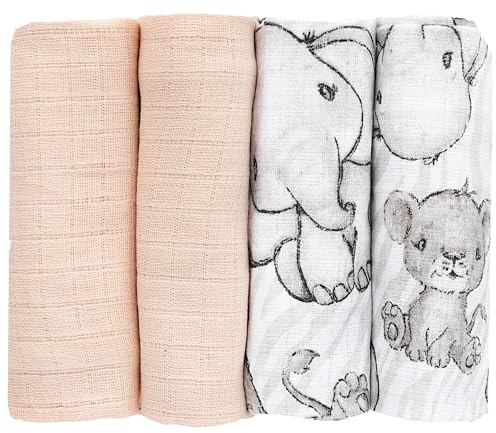 FENSILO Spucktücher Mullwindeln 4er Pack 70x80cm Mulltücher Baby Stoffwindeln für Jungen und Mädchen beige-Elephant