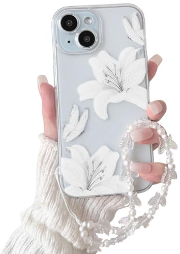 NITITOP for iPhone 15 Case Clear Cute Flower Lily Chain,White | for Women Girls, Floral Butterfly Design, with Wrist Strap, Soft TPU Shockproof Cover, Full Camera Protection
