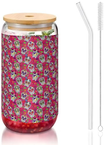 YBGHDAA 1 verre avec couvercle et paille - Motif tête de mort et feuilles vertes - 473 ml - Idéal pour le whisky, la bière, le thé