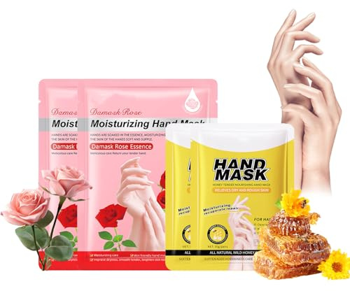 Handmaske für sehr trockene Hände mit Rosen & Honig - Handpflege Set mit Peeling Handschuhen - Feuchtigkeitsspendende Handcreme für empfindliche und rissige Hände - Über Nacht Pflege (4 Paar)