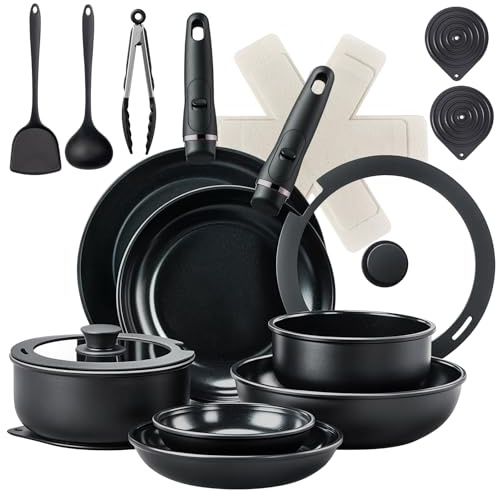 Bonnlo 23Pcs Pots and Pans Set Non Stick, Saucepan Set, Induction Hob Pot Set Non Toxic, Cookware Set with Lid, Detachable Handle, RV Cookware, PFAS PFOA & PFOS Free - Black