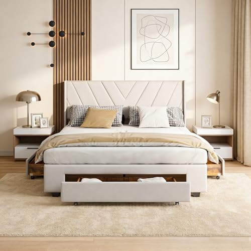 Doppelbett 160x200, Polsterbett mit 3 Schubladen, Gepolsterte Kopfteil mit Stilvoller Geometrischer, Lattenrost und Metall Bettgestell, für Erwachsene und Jugendliche, Leinen Beige, Ohne Matratze