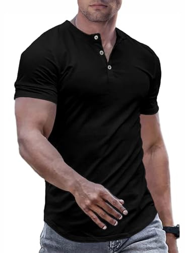 JMIERR Mens Henley T Shirts Basic Ribbed Button up Slim Fit Short Sleeve T Shirt Casual Tee Gym Tops,Black,S