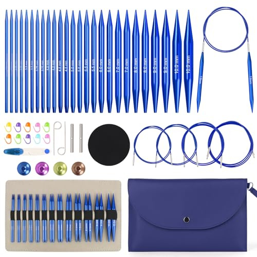 Aeelike runda sticknålar utbytbart set med etui och tillbehör, 13 par utbytbara runda sticknålar set (3–10 mm), kablar (40/60/80/100 cm), metallrunda sticknålar set för nybörjare, blå