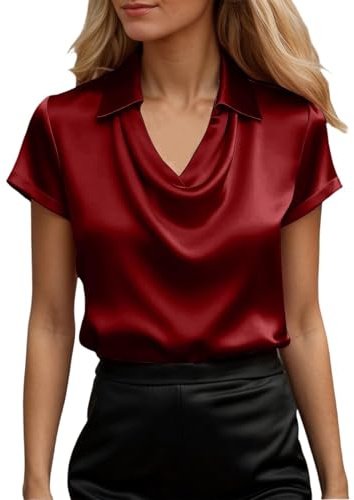 Eauptffy Elegantes blusas para invitados de boda, blusa de satén, cuello cascada, camisa de manga corta, camisas con cuello, camisas de seda suave para negocios, oficina, trabajo, verano, blusa de