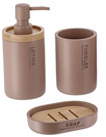 Tendance - Set Gobelet Distributeur à Savon et Porte Savon Polyrésine - Cappuccino/Bambou - Salle de Bain - Accessoire Salle de Bain à Poser