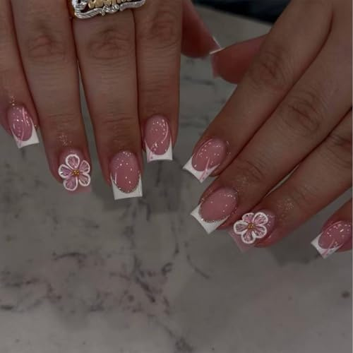 Nymora 24 Stück Press On Nägel zum Aufkleben Kurz - Französische Blumen-Nagelspitzen, Square False Künstliche Nägel mit Blumen Design, Fake Nägel für Gel-Nagelkunst