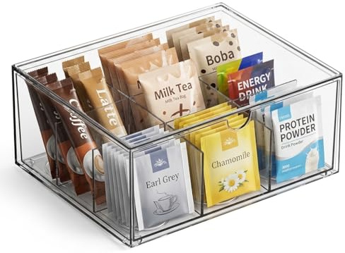 Punorric Tea Bag Storage Organiser Acrylic with 9 Compartments, Tea Bag Holder and Coffee Pod Storage Box for Coffee Station, Sachet Holder Tea Caddy
