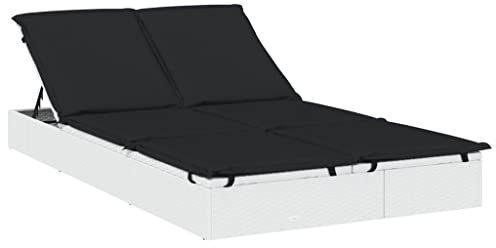 Tmriohed Sonnenliege für 2 Personen, Gartenliege aus PE-Rattan mit Kissen, Verstellbares Tagesbett für Garten, Balkon und Terrasse, 201 x 110 cm, Weiß Schwarz