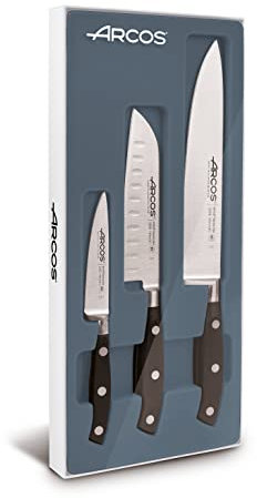 Arcos Ensemble de 3 Couteaux de Cuisine - Couteau d'Office. Santoku. Couteau de Chef - Lame en Acier Inoxydable. Manche en Polyoxyméthylène. Série Riviera. Couleur Noire