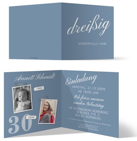 Runder 30. Geburtstag personalisierte Einladungskarten ab 10 bis 100 Stück selbst gestalten - Dreißig wundervolle Jahre - Klappkarte, zwei Fotos, dickes Papier