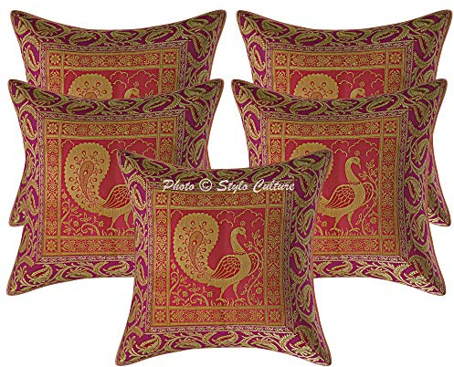 Stylo Culture Ethnico Fundas De Cojines Decorativos 40x40 cm Brocado De Seda Pavo Real Fundas Almohadones Sofa Magenta 16x16 Inch Jacquard Cuadrado Cremallera Cojin para La Cama - 5 Pcs
