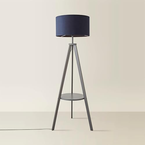 MiniSun | Modern Grey Wood Floor Lamp with Storage Shelf and Navy Blue Drum Shade | Floor Lamps & Torchieres, Home Décor & Improvement Essential
