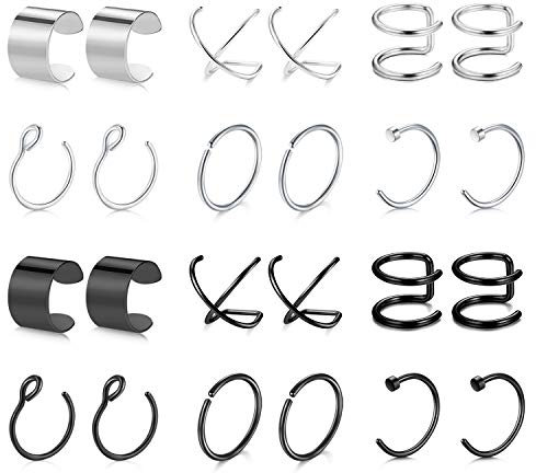 Mayhoop 24Stk Fake Piercings Ohrklemme Ear Cuff Fake Piercings Ohr Silber Schwarz Edelstahl Faux Ohr Manschette Clip on