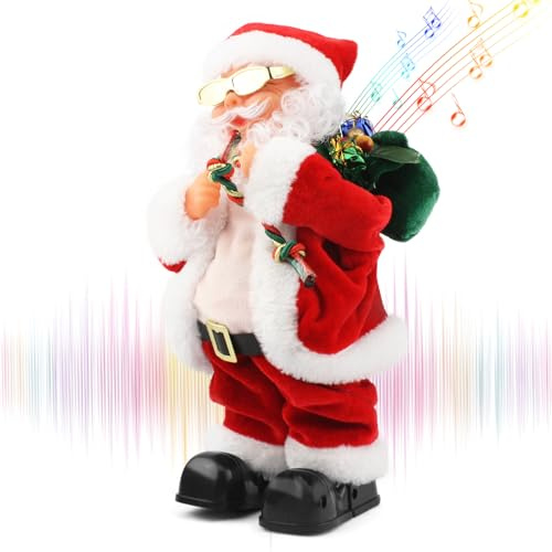 Gfilay Tanzender Weihnachtsmann Plüschtier mit Wackelbauch und Wackelbrille | Animierte singende Weihnachtsdeko mit Musik, beweglichen Füßen und lustigem Geschenkcharakter