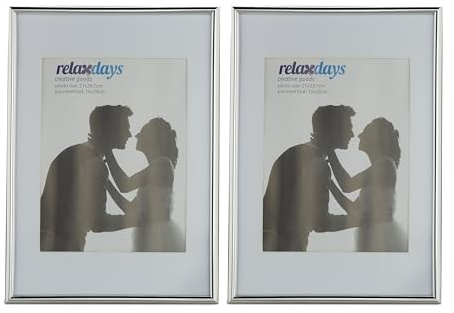 Relaxdays Bilderrahmen 2er Set, Din A4, Passepartout 15x20 cm, silber | Glasscheibe, Fotorahmen zum Stellen & Hinhängen
