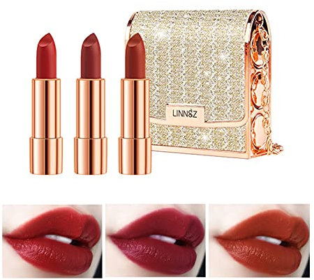 Gireatick Matter Lippenstift Make-up-Set für Frau, 3pcs langanhaltender Samtlippenstift in einer Glamour-Kettentasche, Antihaft-Cup roter Lippenstift, wasserdichtes Lippenset-Geschenkset
