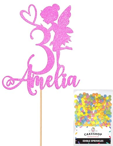 Personalised Fairy Gltter Cake Topper- Light Pink Any Custom Name & Age Glitter Cake Decoration and Sprinkles - Happy Birthday Decorations - Personalised Toppers for Cakes by Cakeshop