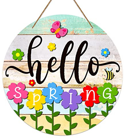 PETCEE Hello Spring Door Sign - 11.5 Colorful Flowers Spring Sign for Front Door Welcome Spring Decoration Wreath Farmhouse Welcome Spring Hanging Sign for Home Door Wall Porch Indoor Outdoor Decor