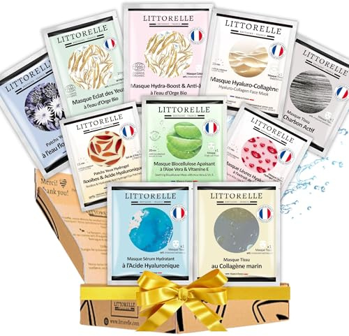 Littorelle Coffret Beauté 10 Masques Tissu Visage Patchs Yeux Hydrogel - Fabriqué en France - Hydratant, Anti-Âge, Detox au Collagène, Acide Hyaluronique, Aloe Vera - 96% Naturels - 2 Certifiés Bio