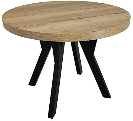 Runder Esstisch Ausziehbar Wohnzimmertisch Holzbeine Rustikaler Tisch mit Schwarzen Tischbeinen Ausziehtisch Küchentisch Kaffeetisch RO-7 Ø90/190 cm Schwarz Halifax Egger Eiche