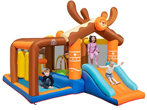 COSTWAY Hüpfburg mit Rutsche, 2 Basketballkörbe, 4 Boxsäcke & Ringwurfspiel, 2 Bälle & Handpumpe inklusive, Outdoor-Hüpfschloss für Kinder, 420 x 310 x 260 cm