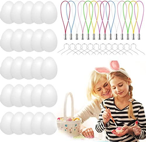 KEELYY 25 x påskägg, vita påskägg för målning, påskägg för upphängning med rep, plastägg, dekoration ägg för pyssel
