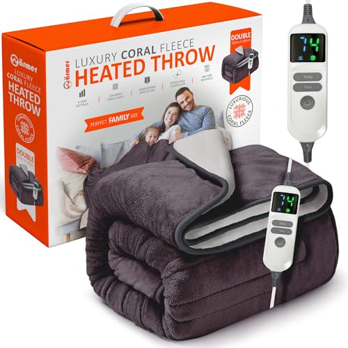 Wärmer Electric Heated Throw Blanket - Double 200cm x 180cm - Digital Controller, 9 Hour Timer, 9 Heat Settings, Auto Shutoff - Machine Washable - Grey