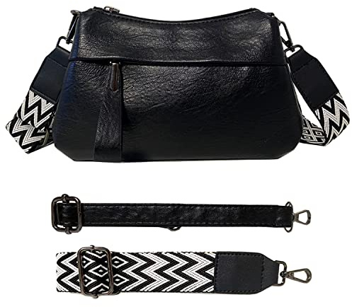 ehsbuy Tasche mit Breitem Schultergurt Leder Umhängetasche Damen Kleine Bauchtasche Damen Stylisch Cross-Body Bags Multi Pochette Moderne Taschen mit 2 Austauschbarem Gurt
