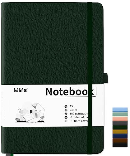 Mlife Notebook A5,Dotted Journal Buch mit 200 Seiten, Premium 100gsm Tintenfestes Papie Dickes,PU Hard Cover Notizbuch,Innentasche,Elastisch Gebändert,bullet journal&Dotted Notizblock A5(Grün)