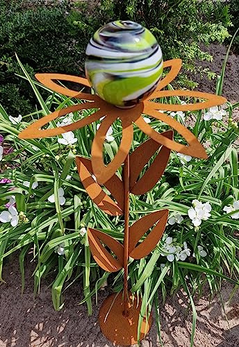 Glaszauber Blume Paris Verde Cortenstahl 77 cm mit Glaskugel in Verde und Standfuß Cortenstahl Dekoration Garten