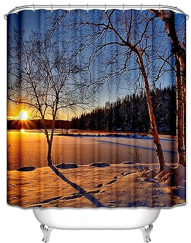Homxi Duschvorhang Ösen,180 W x 200 H cm,Badezimmer Vorhang Blau Orange Schneebäume und Sonnenuntergang Duschvorhang Polyester Duschvorhang für Haken
