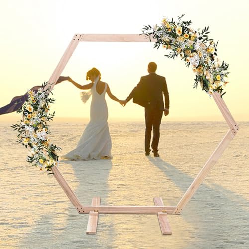 HarBin-Star 233x225cm Bogen Hochzeit Sechskant Holz, Traubogen Hochzeit Elegante Hölzerne Hochzeit Bogen mit Basis Sechseckige Laube Holz für Hochzeit Geburtstag Party Deco