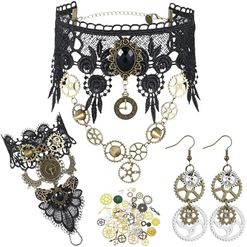 Sinmoe Damen Steampunk Accessoires Set: Gothic Spitze Choker, Handstulpe, Ohrringe & Zahnräder zum Basteln für Steampunk Kostüm, Halloween, Karneval