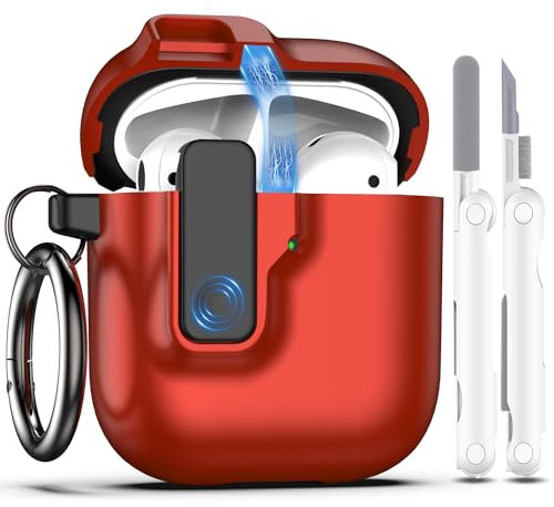 RFUNGUANGO Coque pour AirPods 1 et 2 avec kit de Nettoyage, Interrupteur à Pression Automatique et Clip de Verrouillage sécurisé, Compatible avec Apple Airpods 2ème et 1er étui de Chargement,Rouge